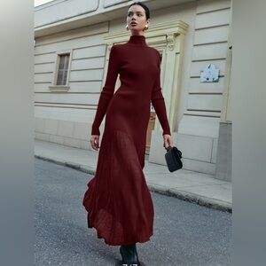 Commense Mock Neck Pleated Panel Sweater Dress Burgundy Large